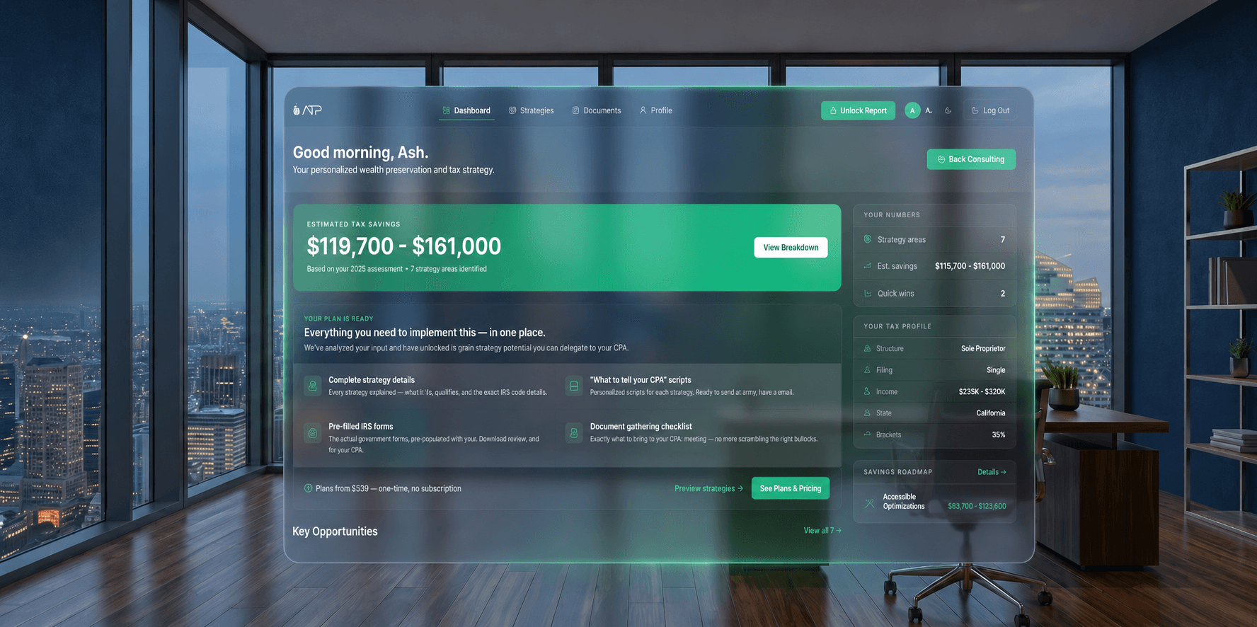 ATP tax optimization dashboard showing personalized savings strategies and estimated tax savings